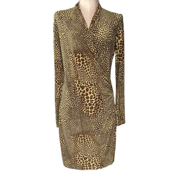 Norma Kamali Leopard Cheetah Long Sleeve Faux Wrap Knee Length Plus XXL Stretch - Picture 1 of 14